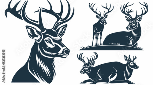 A stylized illustration features deer in varied poses, all in dark blue against a white background