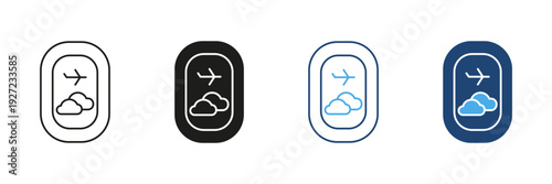 Airplane Window View Icon Set. Travel Experience, Aviation Journey, And In-Flight Perspective Symbol Collection. Airplane And Clouds Illustration. Isolated Vector Illustration