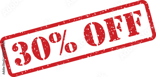 A vibrant red stamp highlights 30% OFF with a textured appearance against a clean white backdrop