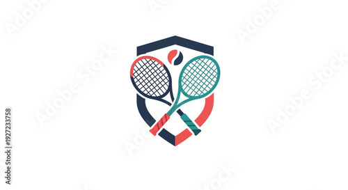 Crossed tennis rackets and ball inside a shield emblem.