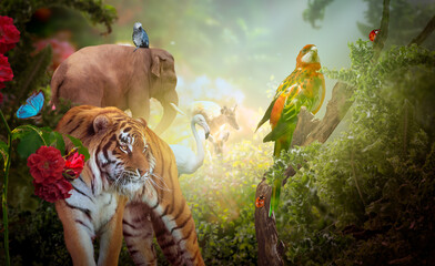 World Wildlife day or Earth day concept. Group of animals, butterflies and birds. Saving planet, protect wildlife nature reserve, protection of endangered species and biological diversity.