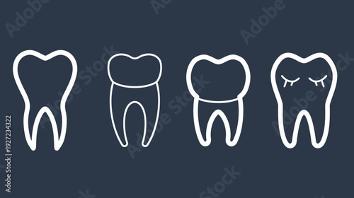A dark blue background holds four stylized white molar teeth, one with closed eyes
