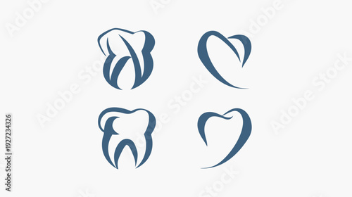 Four dental-themed illustrations on a white background. These graphics feature stylized tooth and heart shapes