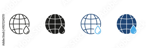 Globe With Water Drop Line And Solid Icon Set. Global Water Conservation And Environmental Awareness Outline And Silhouette Symbol. Sustainability And Ecology. Isolated Vector Illustration