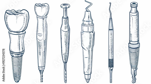 Stylized grayscale illustrations of dental tools and tooth implants, suitable for medical graphics