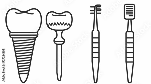 A collection of dental tools and teeth illustrations in a black outline style on white