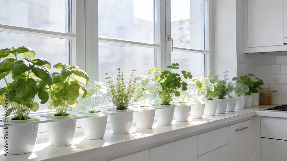 Fototapeta premium Fresh herbs growing in the kitchen window