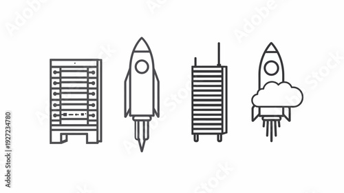 Vector icons of a server rack, two rockets, and a skyscraper-like structure on a white backdrop
