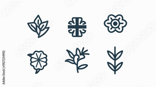 Collection of stylized floral and plant icons in a simple, dark blue line-art style on white