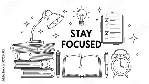 Focused Study: An inspirational illustration capturing the essence of focused learning, highlighted by a stack of books, a task list, a lit bulb of idea and a study lamp.