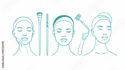Linear illustration of beauty products and relaxed faces. Shows skin care routine with brushes