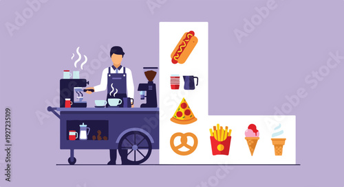 A cartoon barista on a food cart preparing coffee, surrounded by street food items like hot dogs, pizza, fries, pretzels, and ice cream.