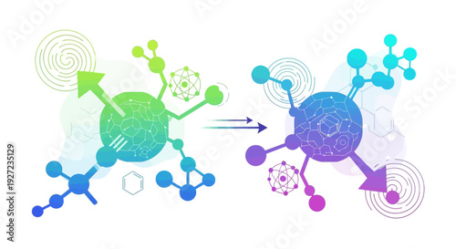 Molecular structure transformation with colorful gradient effect.