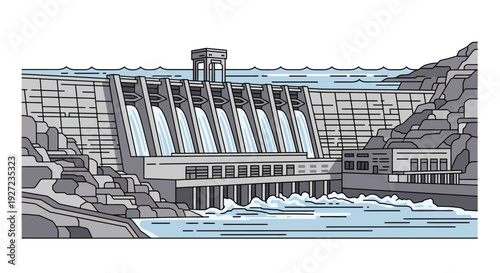 Hydroelectric Dam with Water Flowing Through Sluice Gates.
