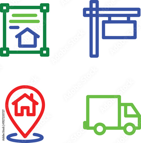 Real estate icon set includes house document, for sale sign, location and moving truck