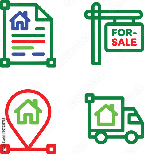 Real estate document with property for sale sign location map pin and house moving truck