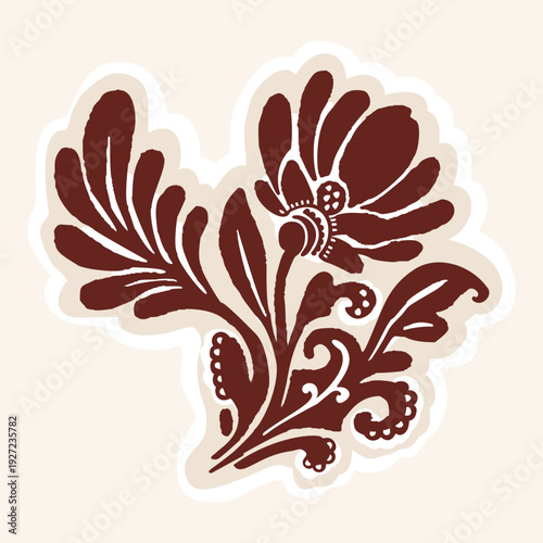 Hand drawn floral accent flourish illustration motif. Ethnic block print style botanical flower shape. Isolated flat vector editable. Decorative indonesian style art creative bloom design element