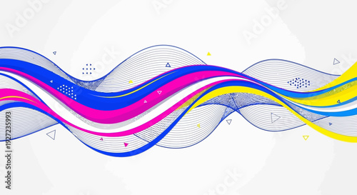Vibrant abstract wavy lines on white background with colorful shapes.