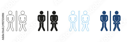 Male And Female Restroom Urgency Line And Solid Icon Set. Bathroom Emergency, Urination Urgency and Restroom Signage Outline And Silhouette Symbol Collection. Isolated Vector Illustration