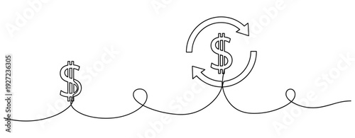 Continuous currency flow with dollar symbols and arrows illustration. No editable stroke