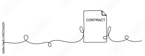 Continuous line drawing of a contract document with hands holding a pen. No editable stroke