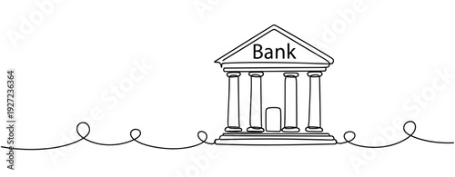 Continuous line drawing of bank building with columns on white background. No editable stroke