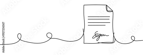 Minimalist line art of signed document and pen. No editable stroke