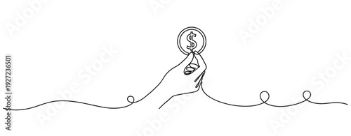Minimalistic continuous line drawing of hand holding coin. No editable stroke