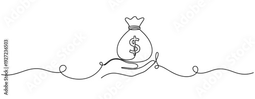 Minimalist line art of hand holding money bag with dollar symbol. No editable stroke