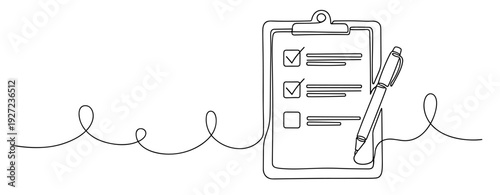 Minimalist line drawing of checklist on clipboard with pen. No editable stroke