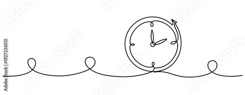 Continuous line drawing of analog clock with arrow indicating time passing. No editable stroke