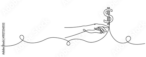 Continuous line art of hand reaching for dollar sign symbolizing financial ambition. No editable stroke