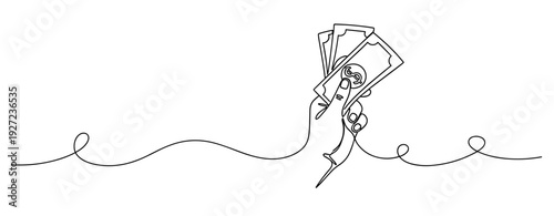 Continuous line drawing of a hand holding money. No editable stroke