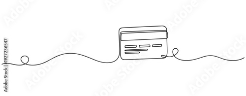 Continuous line drawing of a credit card on white background. No editable stroke
