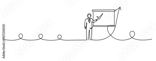 Continuous line drawing of business presentation with male presenter and chart. No editable stroke