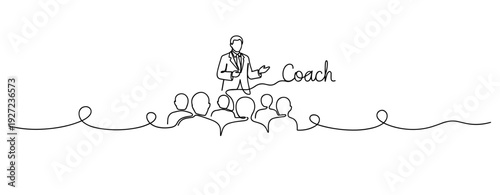 Line art illustration: male coach training diverse audience in leadership seminar. No editable stroke