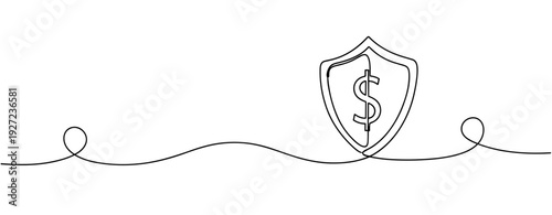 Continuous line drawing of shield with dollar sign symbolizing financial protection. No editable stroke