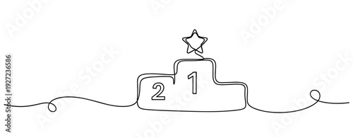 Minimalist continuous line drawing of a winner's podium with star and numbers. No editable stroke