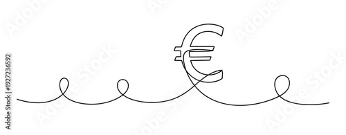 Minimalist euro symbol in continuous line art on white background. No editable stroke