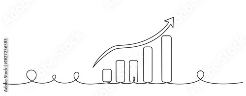 Continuous line drawing of upward bar graph with arrow indicating growth. No editable stroke