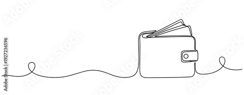 Minimalist continuous line drawing of wallet with money. No editable stroke
