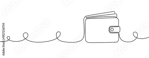 Minimalist continuous line drawing of a wallet on white background. No editable stroke