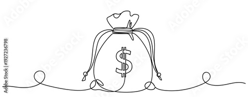 Continuous line drawing of money bag with dollar symbol. No editable stroke