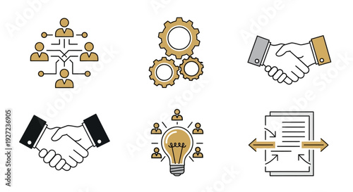 Business Icons Featuring Handshakes and Gears.