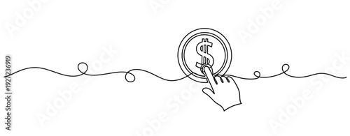 Minimalistic line drawing of hand touching dollar icon with connection wire. No editable stroke