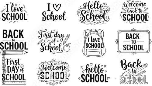 Black and white decorative typography designs with school phrases and icons including pencils, rulers, apples, and backpacks, perfect for education, posters, and back-to-school promotions