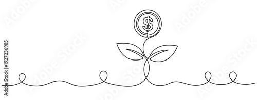 Continuous line art: plant with dollar sign blossoming from leaves. No editable stroke