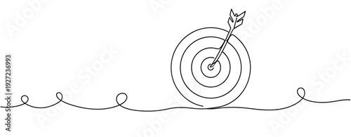 Continuous line drawing of an arrow hitting a bullseye target. No editable stroke