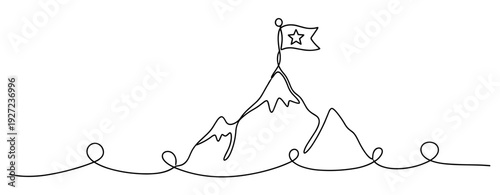 Minimalist line art of mountain range with flag on summit. No editable stroke
