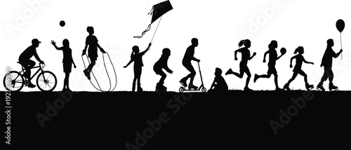 Black silhouettes of children playing outdoors, riding bicycles, jumping rope, flying kites, roller skating, and holding balloons, representing fun, activity, and lifestyle illustration purposes